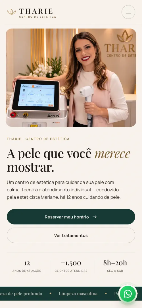 Site da Tharie Centro de Estética no celular